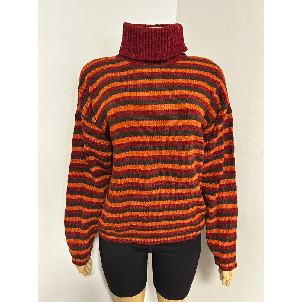 Sweater Exchange Striped Turtleneck Chenille Knit Pullover Burgundy Orange Small